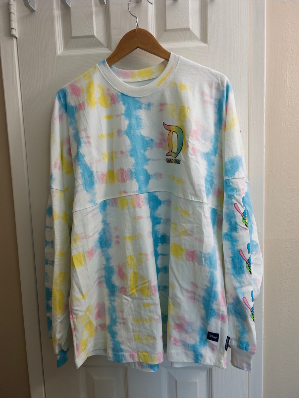 Disney White Tie-Dye Long Sleeve Tee with Pastel Blue, Yellow & Pink